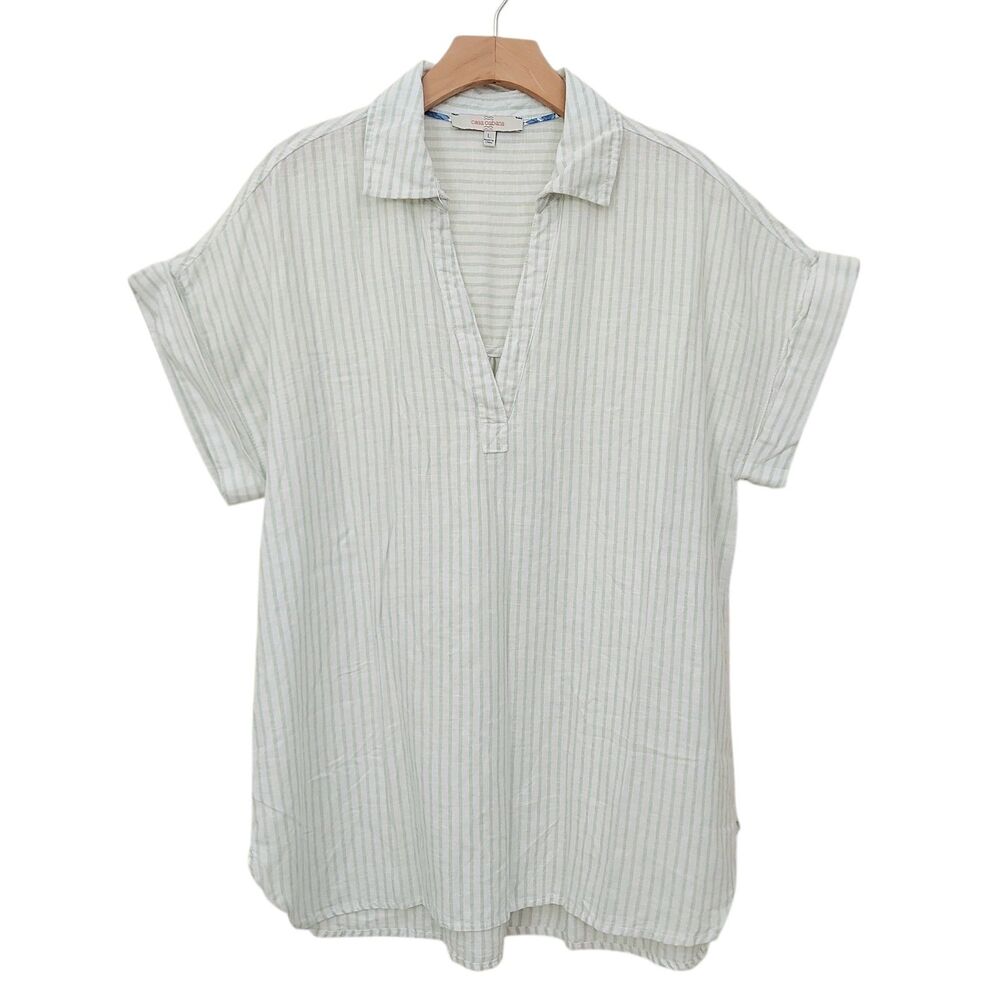 Casa Cabana Blouse Top Womens Large Sage Green Striped Cap Sleeve Linen Blend